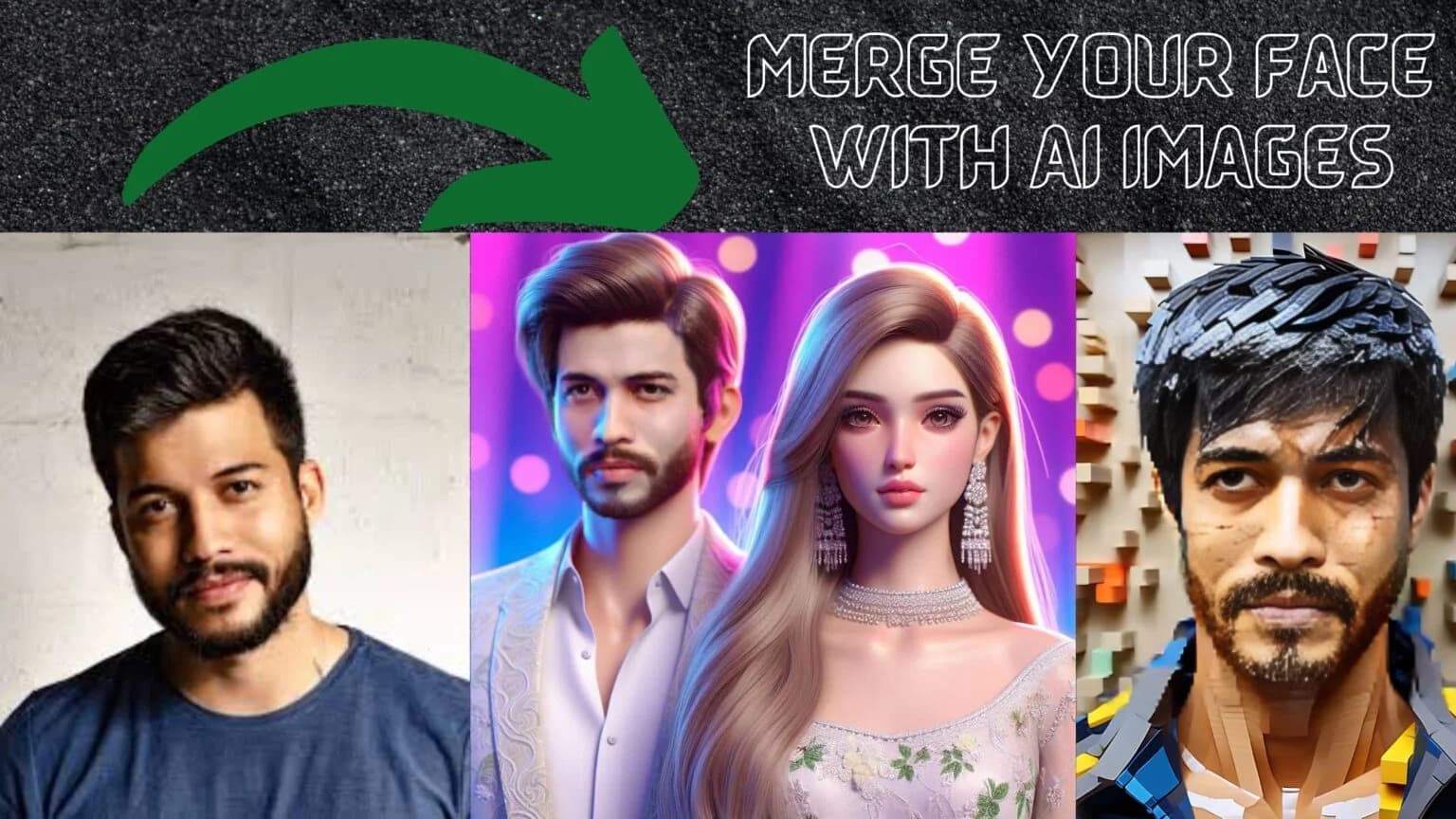 Demonstration of the AI face merge tool, showing a face blended into various artistic images.