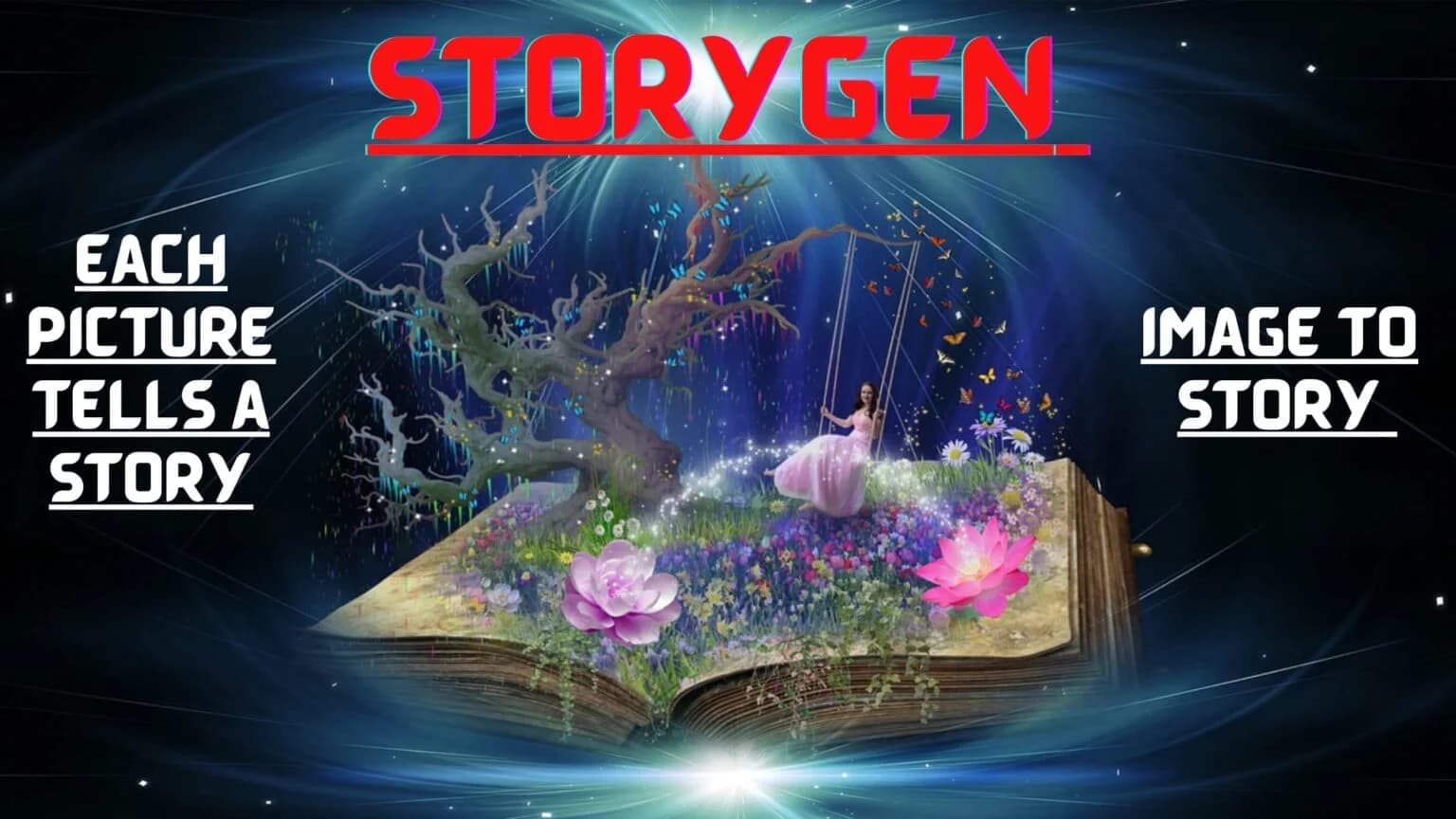 A fantasy image for the Storygen tool, showing a story emerging from an open book.