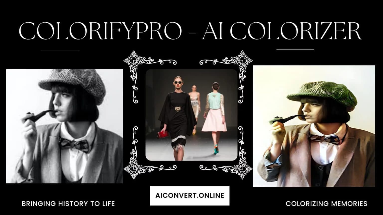 A before-and-after comparison from the AI photo colorizer tool, showing a vintage black and white portrait being transformed into a full-color image.