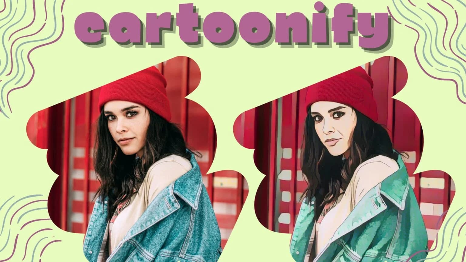 A before-and-after image of a woman being transformed into a cartoon by the Cartoonify tool.