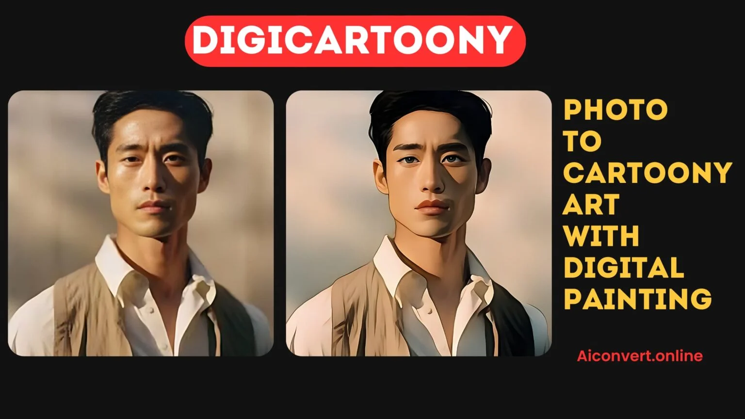 An example of the DigiCartoony tool transforming a man's portrait into digital art.