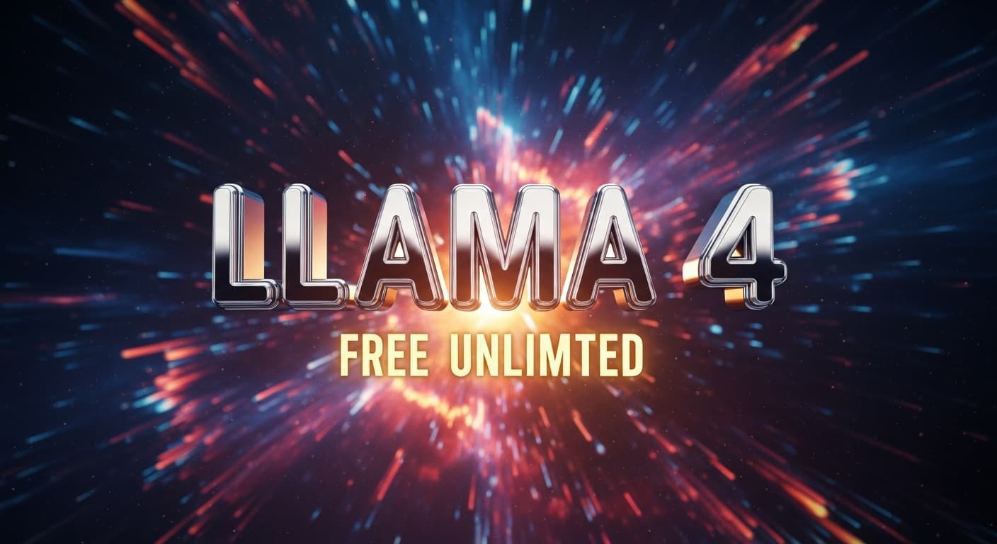 عنوان "Llama 4: Free Unlimited" مكتوب بخط كروم ثلاثي الأبعاد وبارز، يطفو أمام انفجار ديناميكي ومستقبلي من الضوء والجسيمات.