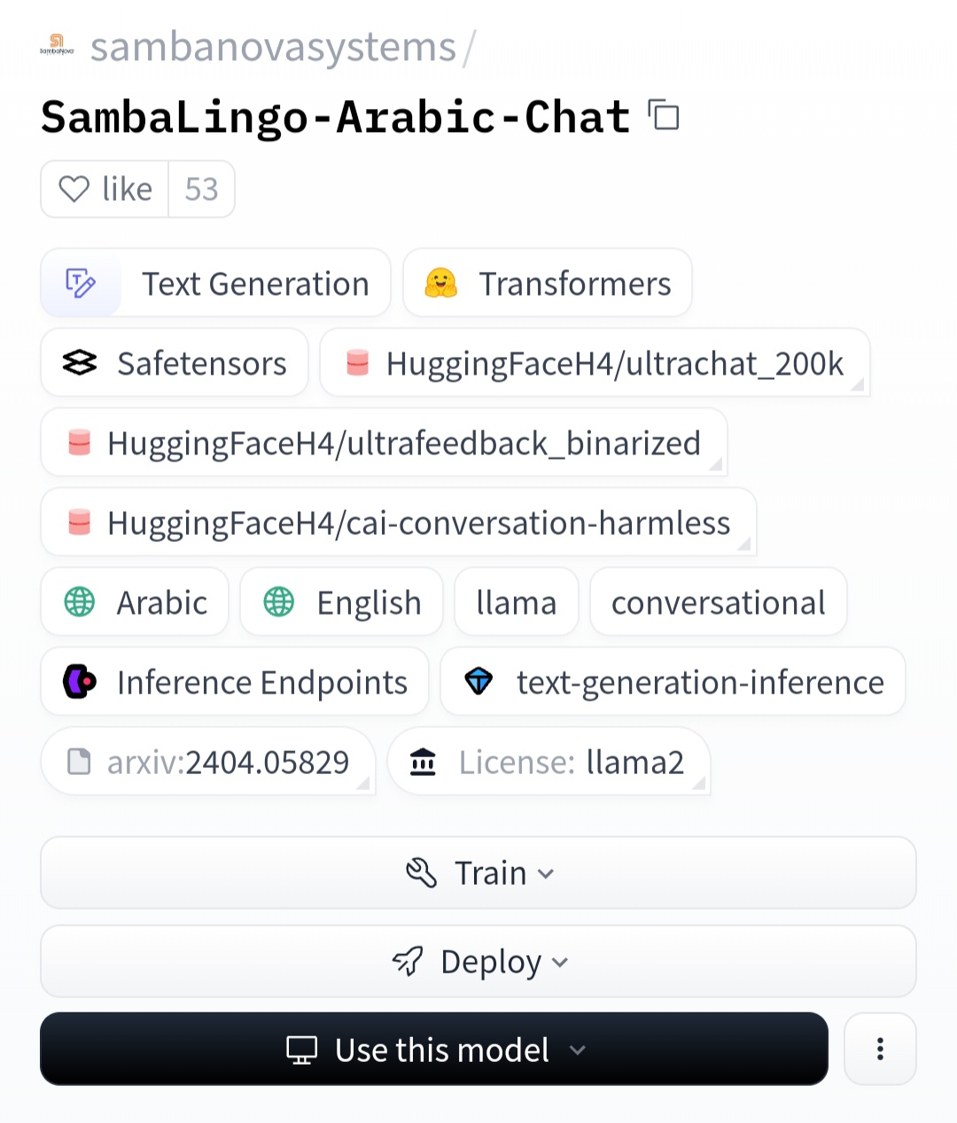 نموذج الذكاء الاصطناعي العربي SambaLingo نموذج SambaLingo Arabic في هاجنج فيس