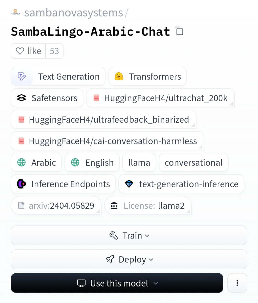 نموذج الذكاء الاصطناعي العربي SambaLingo نموذج SambaLingo Arabic في هاجنج فيس